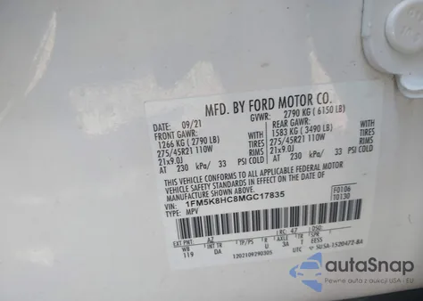 2021 Ford Explorer Platinum z USA, uszkodzony, nr VIN 1FM5K8HC8MGC17835